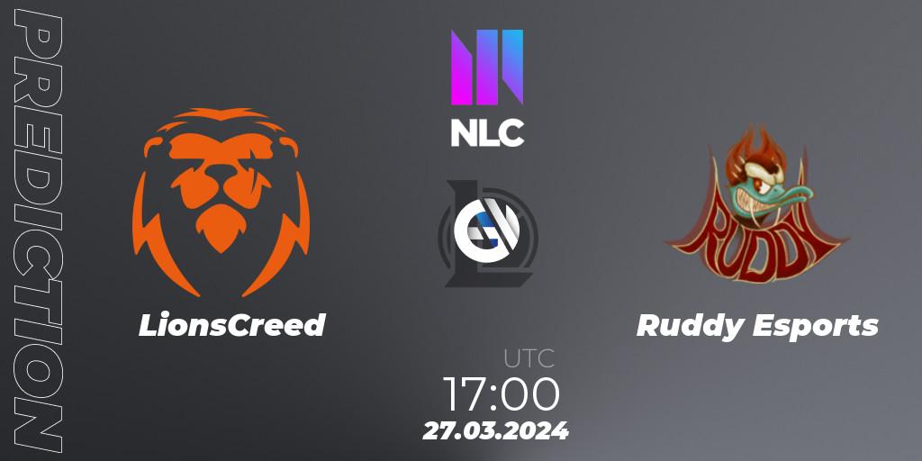 LionsCreed vs Ruddy Esports: Match Prediction. 27.03.2024 at 17:00, LoL, NLC 1st Division Spring 2024