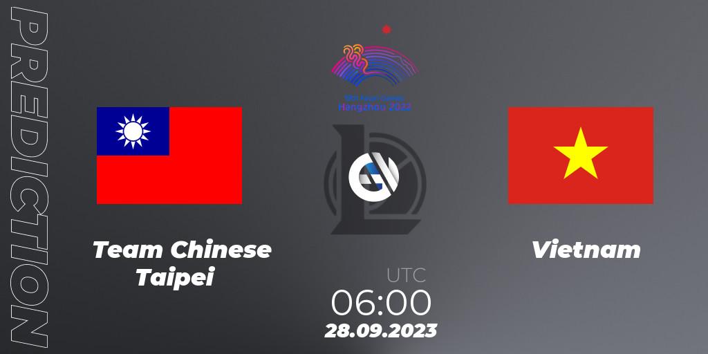 Team Chinese Taipei vs Vietnam: Match Prediction. 28.09.2023 at 06:00, LoL, 2022 Asian Games