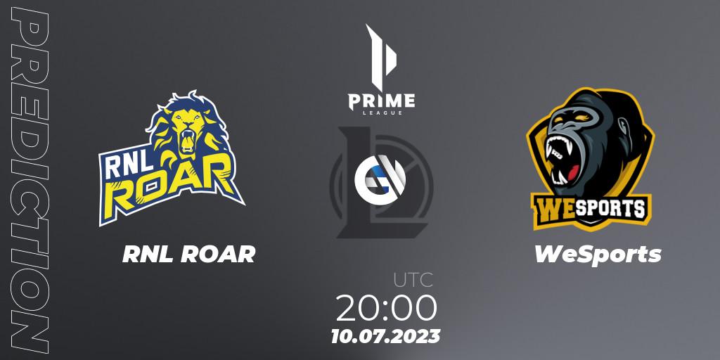 RNL ROAR vs WeSports: Match Prediction. 10.07.2023 at 20:00, LoL, Prime League 2nd Division Summer 2023