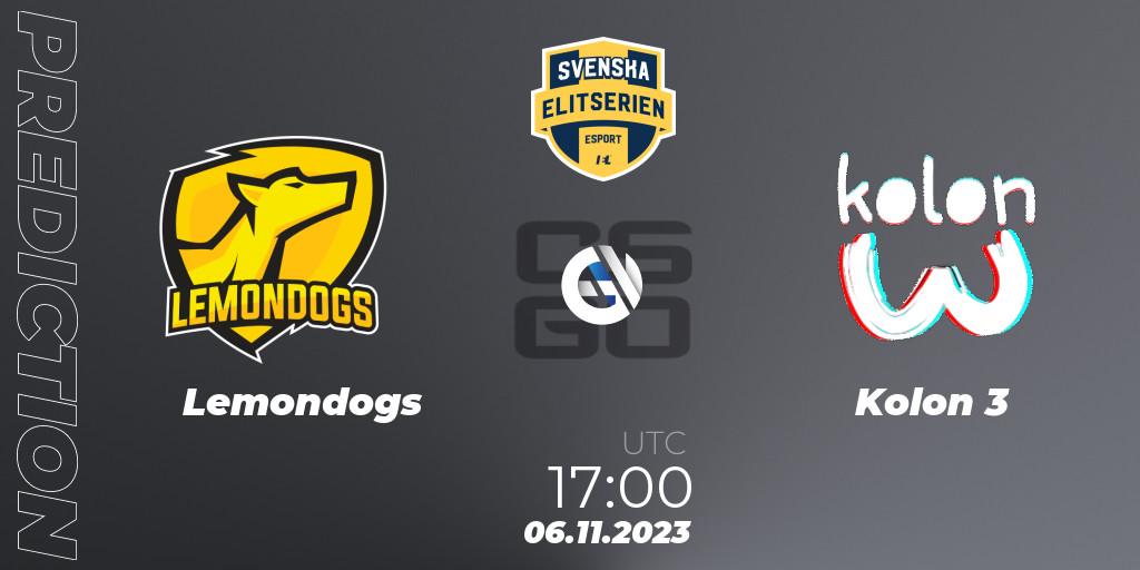 Lemondogs vs Kolon 3: Match Prediction. 06.11.2023 at 17:00, Counter-Strike (CS2), Svenska Elitserien Fall 2023: Online Stage