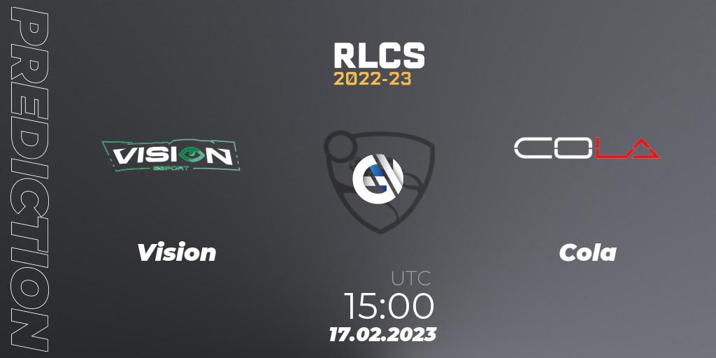Vision vs Cola: Match Prediction. 17.02.2023 at 15:00, Rocket League, RLCS 2022-23 - Winter: Middle East and North Africa Regional 2 - Winter Cup