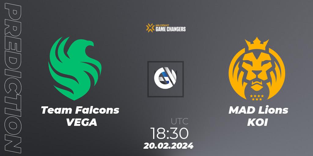 Team Falcons VEGA vs MAD Lions KOI: Match Prediction. 20.02.2024 at 17:50, VALORANT, VCT 2024: Game Changers EMEA Stage 1