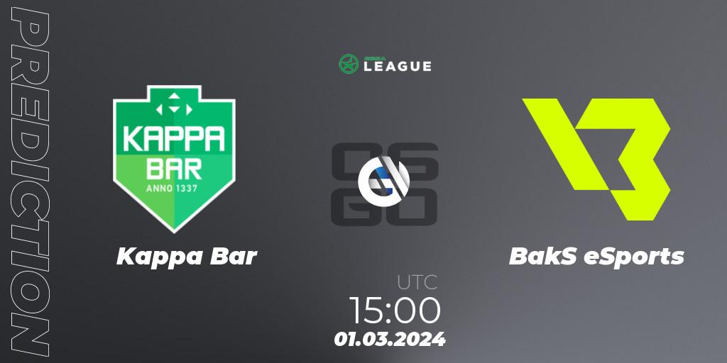 Kappa Bar vs BakS eSports: Match Prediction. 01.03.2024 at 15:00, Counter-Strike (CS2), ESEA Season 48: Advanced Division - Europe
