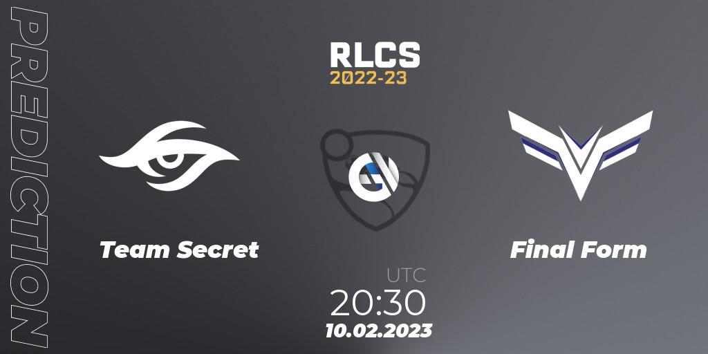 Team Secret vs Final Form: Match Prediction. 10.02.2023 at 20:30, Rocket League, RLCS 2022-23 - Winter: South America Regional 2 - Winter Cup
