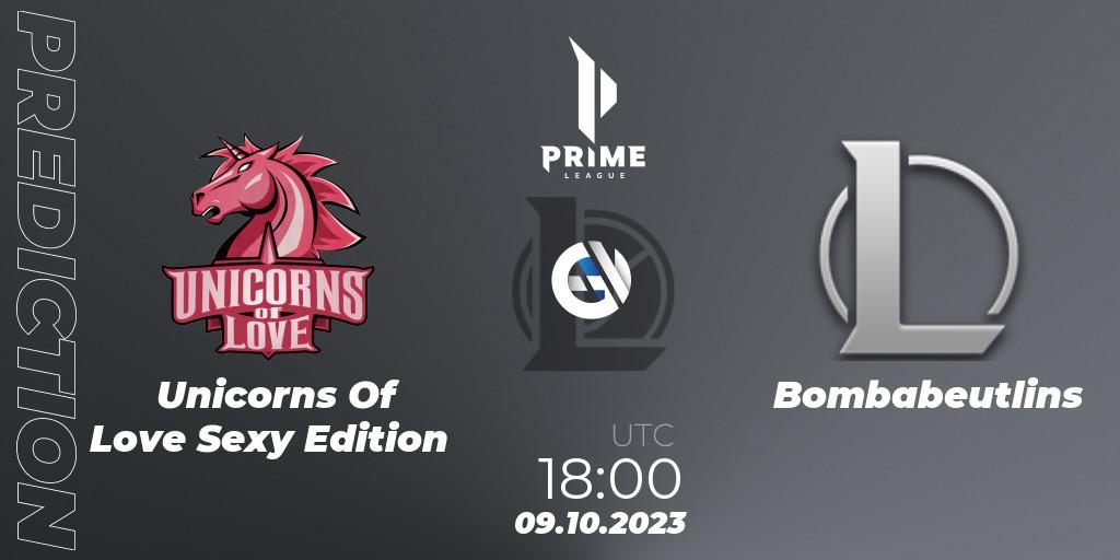 Unicorns Of Love Sexy Edition vs Bombabeutlins: Match Prediction. 09.10.2023 at 18:00, LoL, Prime League Pokal 2023