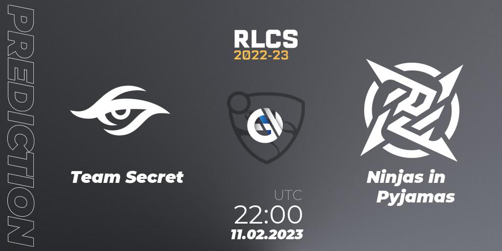 Team Secret vs Ninjas in Pyjamas: Match Prediction. 11.02.2023 at 21:35, Rocket League, RLCS 2022-23 - Winter: South America Regional 2 - Winter Cup