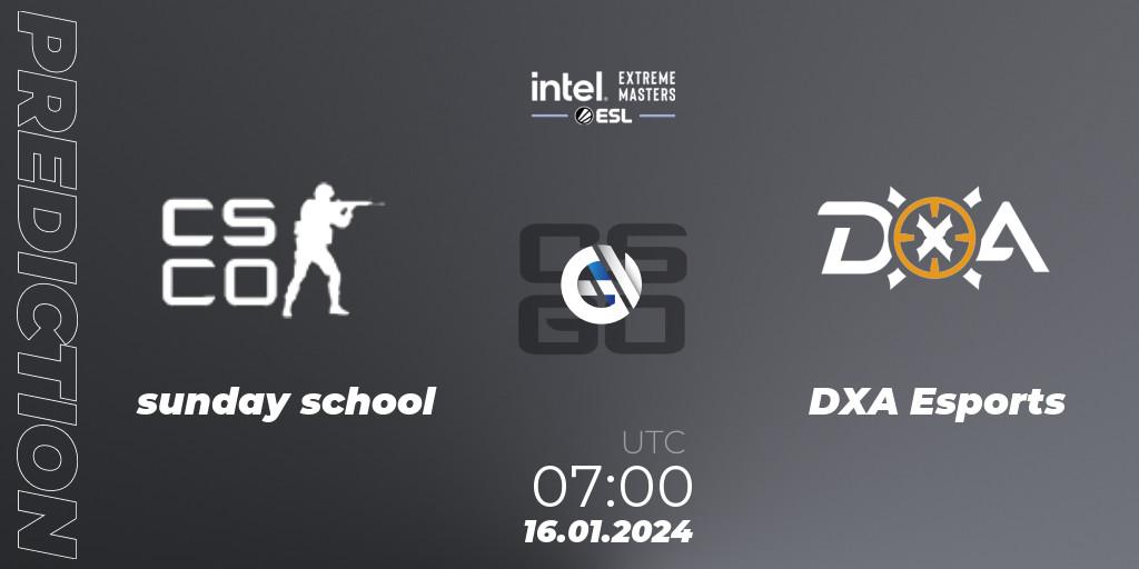 sunday school vs DXA Esports: Match Prediction. 16.01.2024 at 07:40, Counter-Strike (CS2), Intel Extreme Masters China 2024: Oceanic Open Qualifier #1