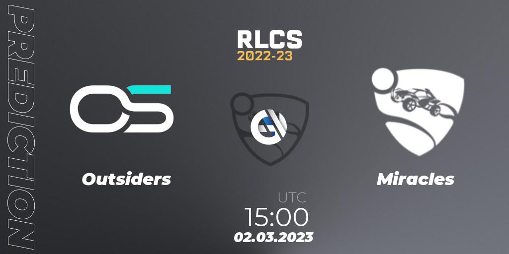 Outsiders vs Miracles: Match Prediction. 02.03.2023 at 15:00, Rocket League, RLCS 2022-23 - Winter: Middle East and North Africa Regional 3 - Winter Invitational