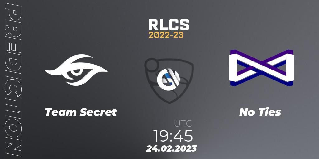 Team Secret vs No Ties: Match Prediction. 24.02.2023 at 19:45, Rocket League, RLCS 2022-23 - Winter: South America Regional 3 - Winter Invitational