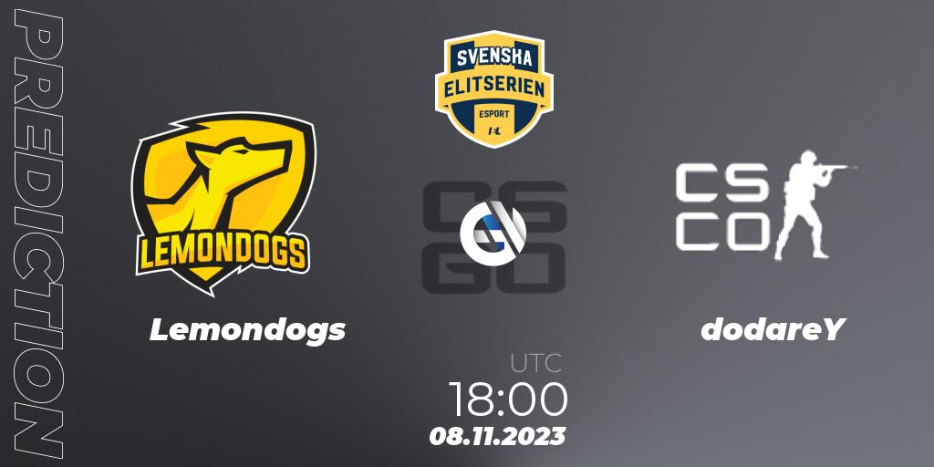 Lemondogs vs dodareY: Match Prediction. 08.11.2023 at 18:00, Counter-Strike (CS2), Svenska Elitserien Fall 2023: Online Stage