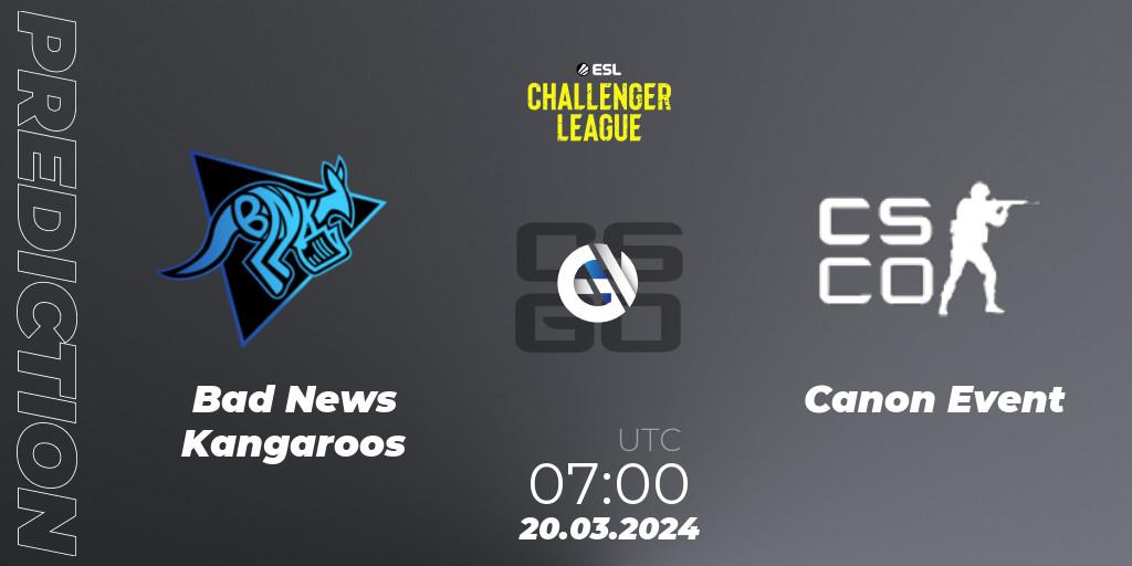 Bad News Kangaroos vs Canon Event: Match Prediction. 20.03.2024 at 07:00, Counter-Strike (CS2), ESL Challenger League Season 47: Oceania