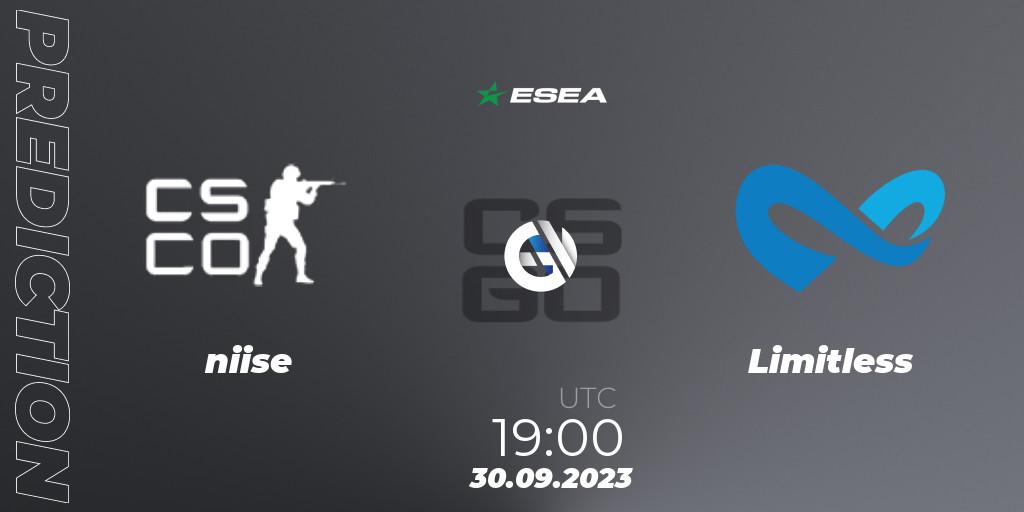 niise vs Limitless: Match Prediction. 01.10.2023 at 00:00, Counter-Strike (CS2), ESEA Advanced Season 46 North America