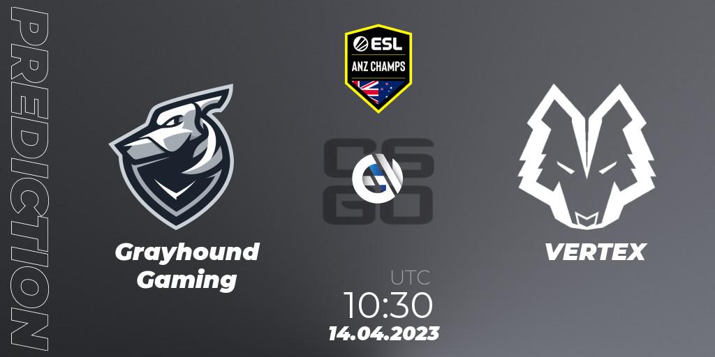Grayhound Gaming vs VERTEX: Match Prediction. 14.04.2023 at 10:50, Counter-Strike (CS2), ESL ANZ Champs Season 16