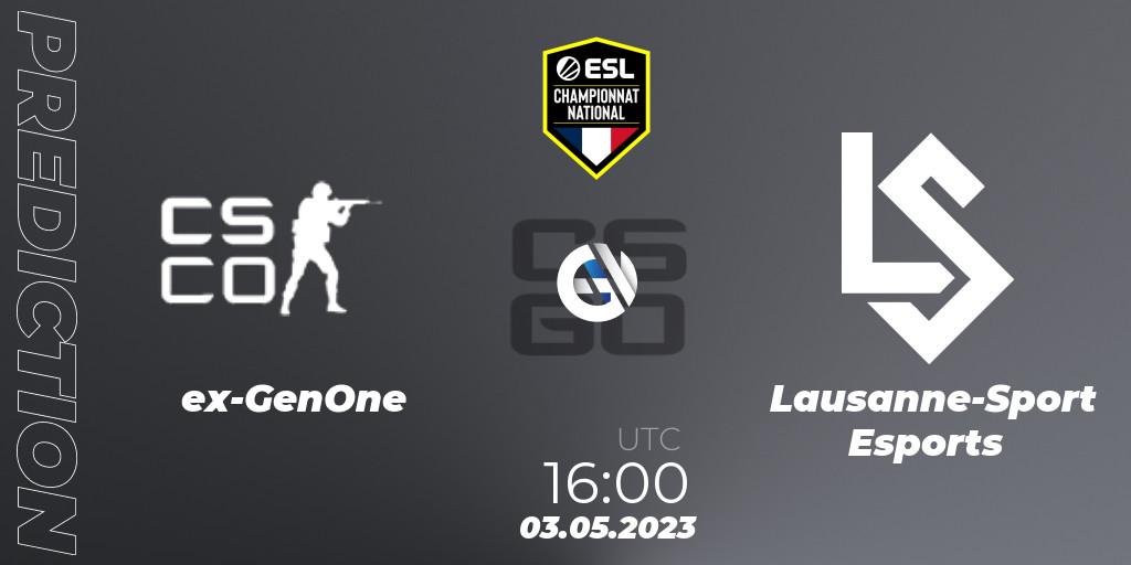 ex-GenOne vs Lausanne-Sport Esports: Match Prediction. 04.05.2023 at 16:00, Counter-Strike (CS2), ESL Championnat National Spring 2023