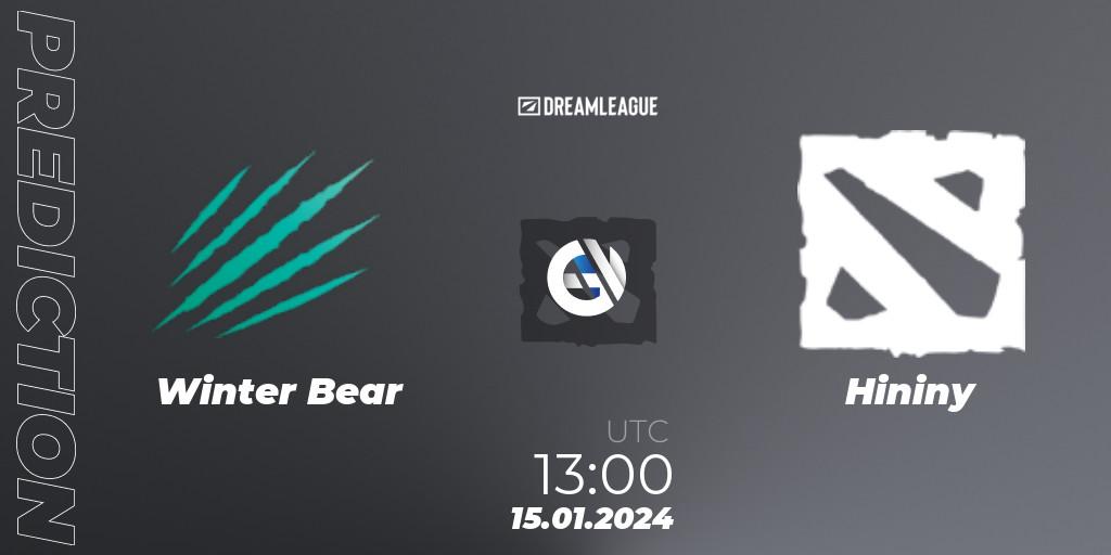 Winter Bear vs Hininy: Match Prediction. 15.01.2024 at 13:26, Dota 2, DreamLeague Season 22: MENA Closed Qualifier