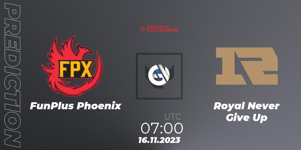 FunPlus Phoenix vs Royal Never Give Up: Match Prediction. 16.11.2023 at 07:00, VALORANT, VALORANT China Evolution Series Act 3: Heritability