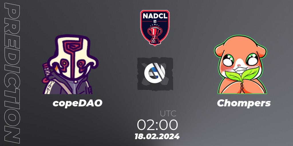 copeDAO vs Chompers: Match Prediction. 18.02.2024 at 02:00, Dota 2, North American Dota Challengers League Season 6 Division 1