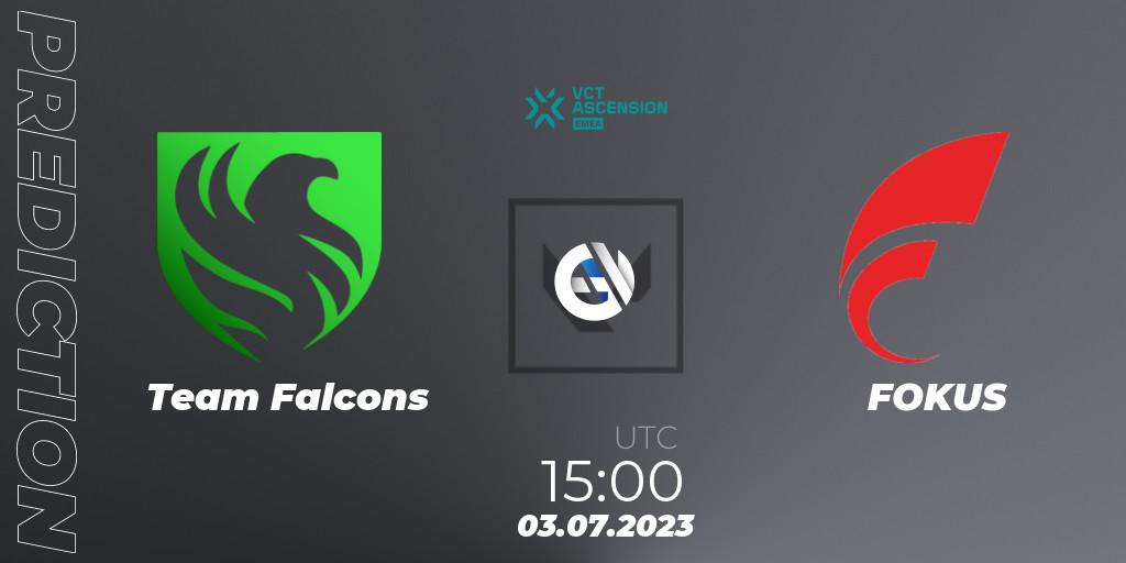 Team Falcons vs FOKUS: Match Prediction. 03.07.2023 at 15:00, VALORANT, VALORANT Challengers Ascension 2023: EMEA - Group Stage