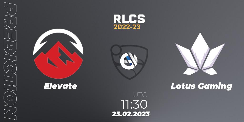 Elevate vs Lotus Gaming: Match Prediction. 25.02.2023 at 11:30, Rocket League, RLCS 2022-23 - Winter: Asia-Pacific Regional 3 - Winter Invitational
