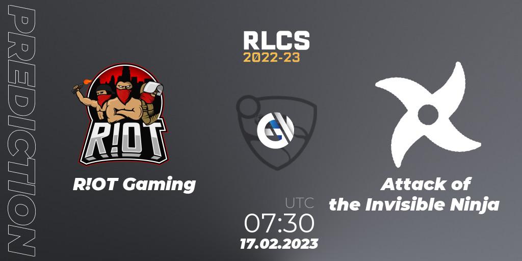 R!OT Gaming vs Attack of the Invisible Ninja: Match Prediction. 17.02.2023 at 07:30, Rocket League, RLCS 2022-23 - Winter: Oceania Regional 2 - Winter Cup