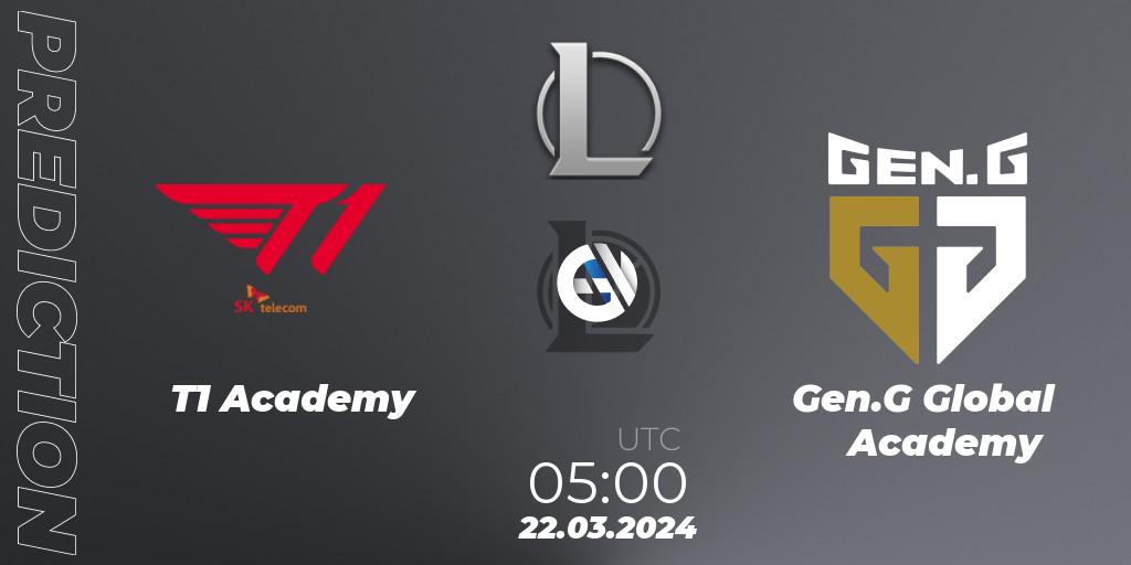 T1 Academy vs Gen.G Global Academy: Match Prediction. 22.03.2024 at 05:00, LoL, LCK Challengers League 2024 Spring - Group Stage