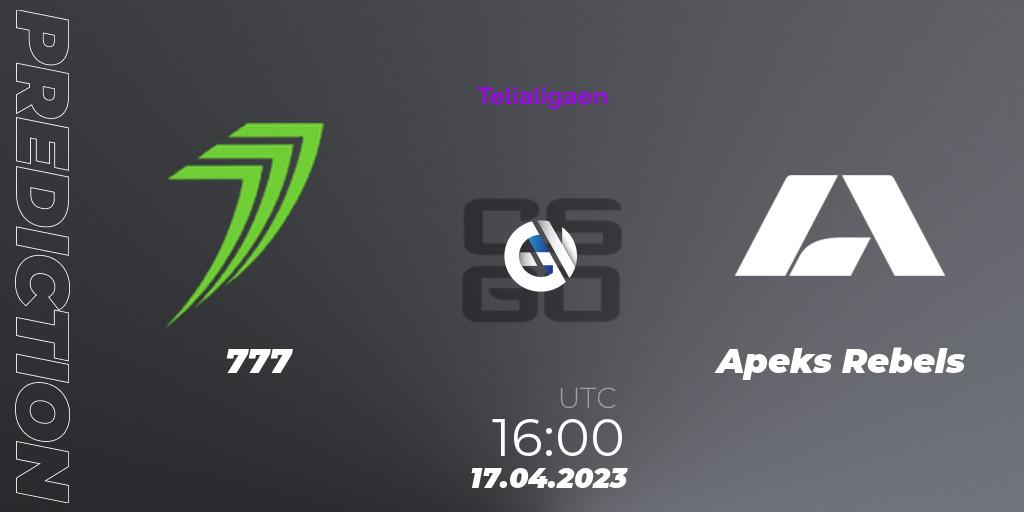 777 vs Apeks Rebels: Match Prediction. 17.04.2023 at 16:00, Counter-Strike (CS2), Telialigaen Spring 2023: Group stage