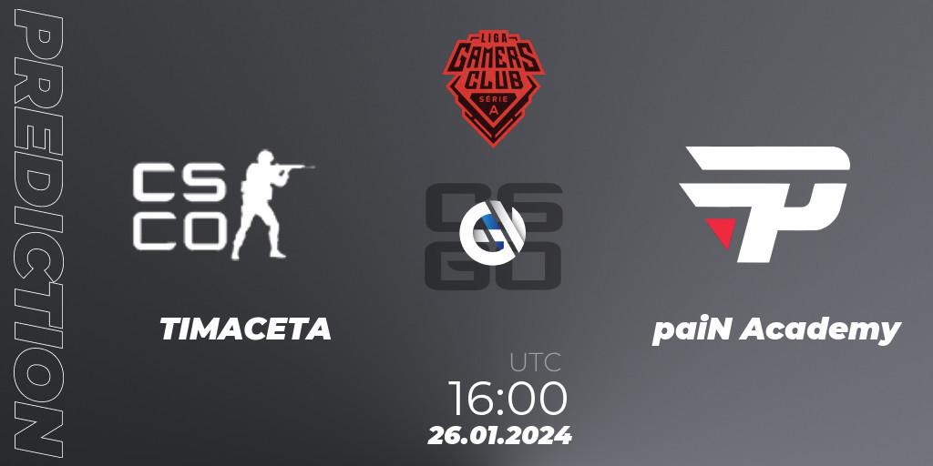 TIMACETA vs paiN Academy: Match Prediction. 26.01.2024 at 16:00, Counter-Strike (CS2), Gamers Club Liga Série A: January 2024