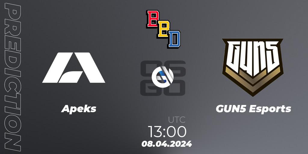Apeks vs GUN5 Esports: Match Prediction. 08.04.2024 at 13:00, Counter-Strike (CS2), BetBoom Dacha Belgrade 2024: European Qualifier