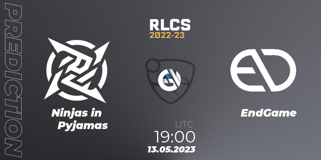 Ninjas in Pyjamas vs EndGame: Match Prediction. 13.05.2023 at 19:45, Rocket League, RLCS 2022-23 - Spring: South America Regional 1 - Spring Open