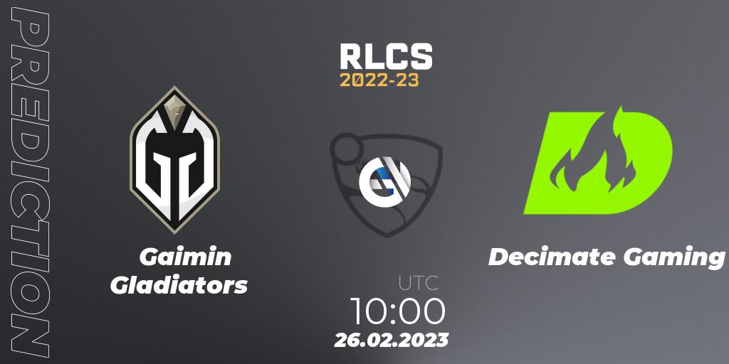 Gaimin Gladiators vs Decimate Gaming: Match Prediction. 26.02.2023 at 10:00, Rocket League, RLCS 2022-23 - Winter: Asia-Pacific Regional 3 - Winter Invitational