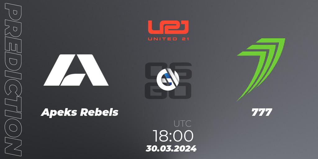 Apeks Rebels vs 777: Match Prediction. 30.03.2024 at 18:00, Counter-Strike (CS2), United21 Season 12: Division 2