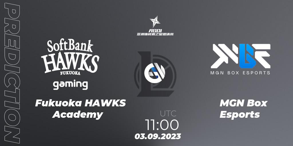 Fukuoka HAWKS Academy vs MGN Box Esports: Match Prediction. 03.09.2023 at 11:00, LoL, Asia Star Challengers Invitational 2023