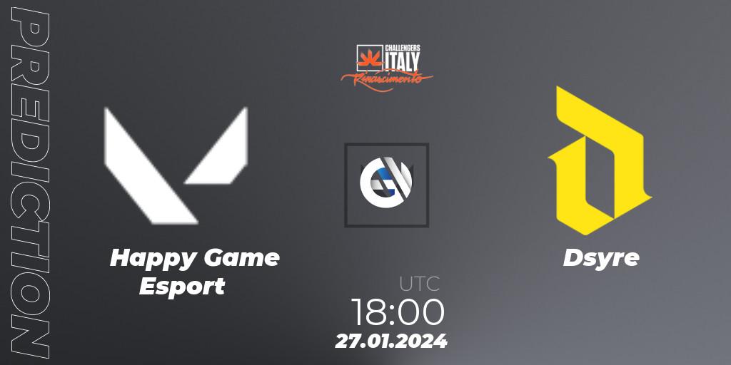 Happy Game Esport vs Dsyre: Match Prediction. 27.01.2024 at 18:00, VALORANT, VALORANT Challengers 2024 Italy: Rinascimento Split 1