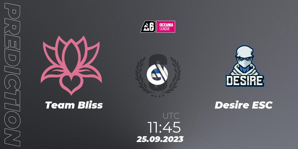 Team Bliss vs Desire ESC: Match Prediction. 25.09.2023 at 11:45, Rainbow Six, Oceania League 2023 - Stage 2
