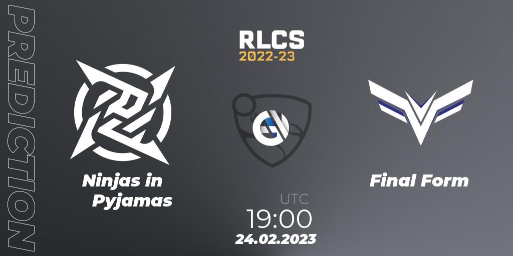 Ninjas in Pyjamas vs Final Form: Match Prediction. 24.02.2023 at 19:00, Rocket League, RLCS 2022-23 - Winter: South America Regional 3 - Winter Invitational