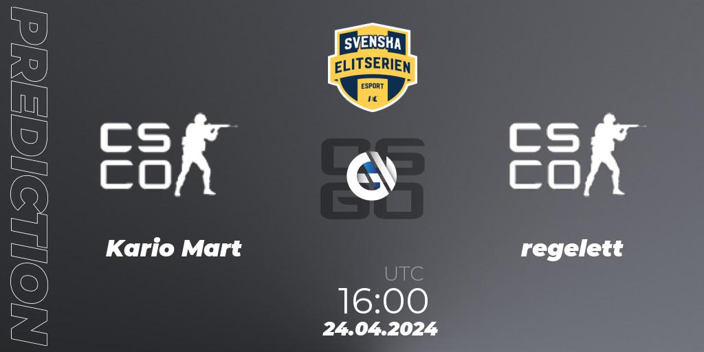 Kario Mart vs regelett: Match Prediction. 24.04.2024 at 16:00, Counter-Strike (CS2), Svenska Elitserien Spring 2024