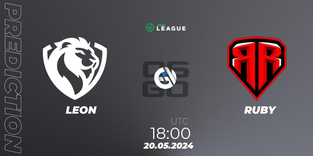 LEON vs RUBY: Match Prediction. 20.05.2024 at 18:00, Counter-Strike (CS2), ESEA Season 49: Advanced Division - Europe