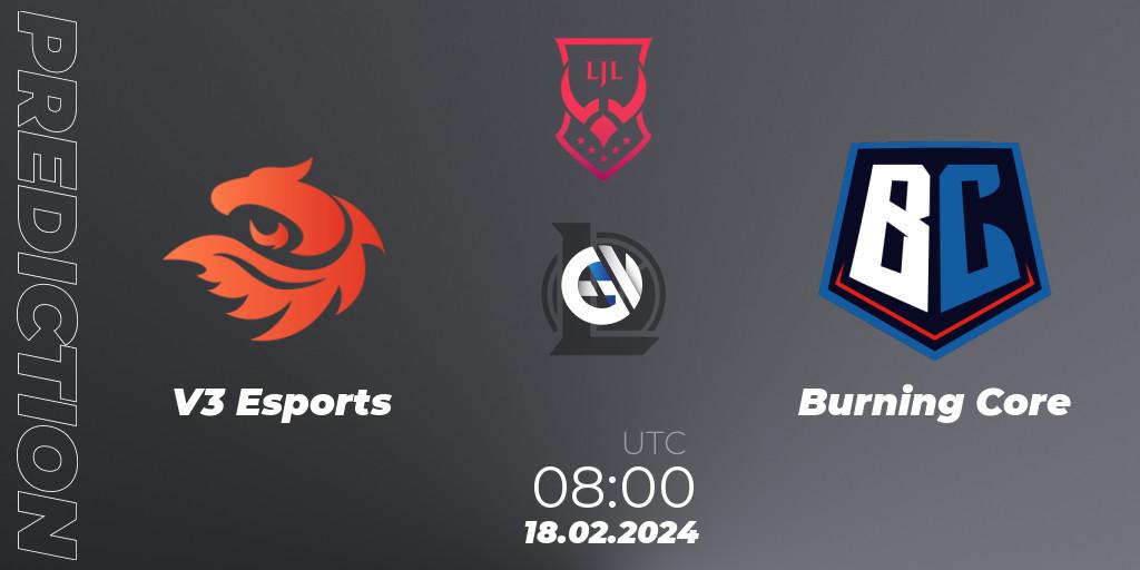 V3 Esports vs Burning Core: Match Prediction. 18.02.2024 at 08:00, LoL, LJL 2024 Spring Group Stage
