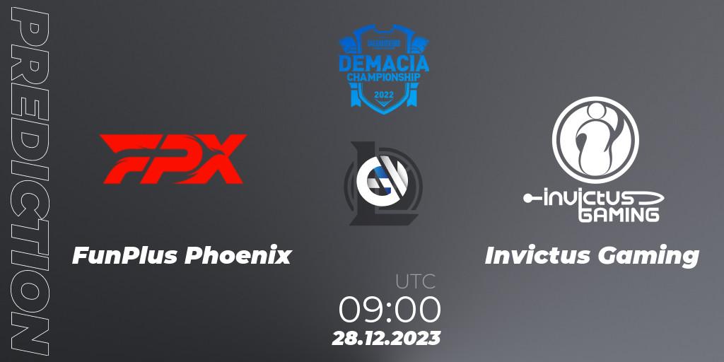FunPlus Phoenix vs Invictus Gaming: Match Prediction. 28.12.2023 at 08:00, LoL, Demacia Cup 2023 Group Stage