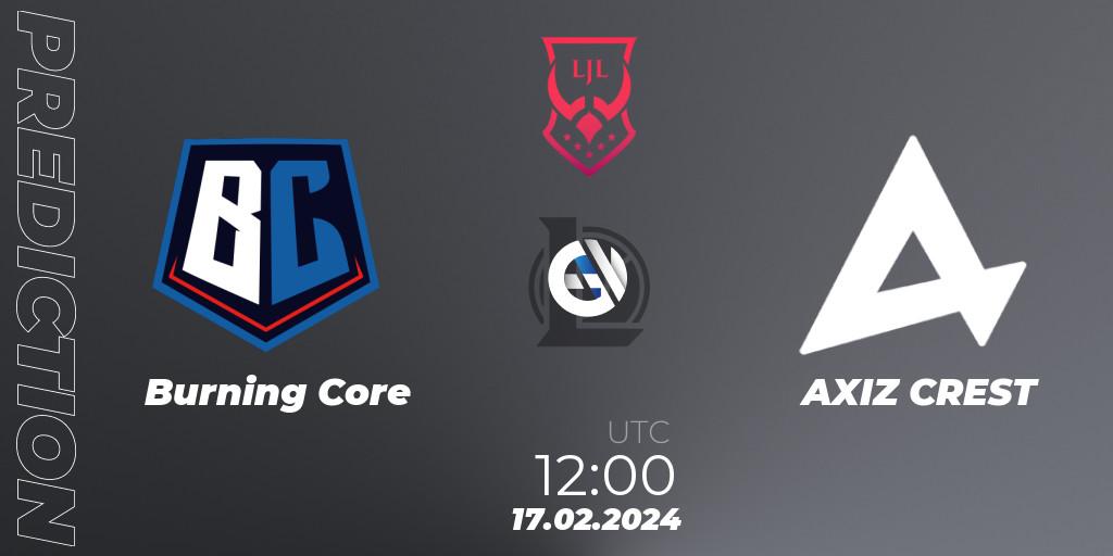 Burning Core vs AXIZ CREST: Match Prediction. 17.02.2024 at 12:00, LoL, LJL 2024 Spring Group Stage