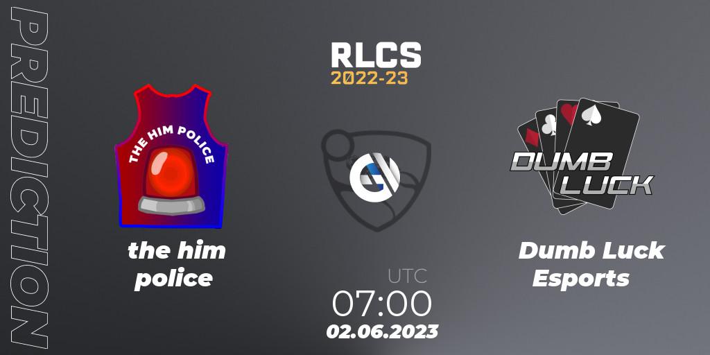 the him police vs Dumb Luck Esports: Match Prediction. 02.06.2023 at 07:00, Rocket League, RLCS 2022-23 - Spring: Oceania Regional 3 - Spring Invitational