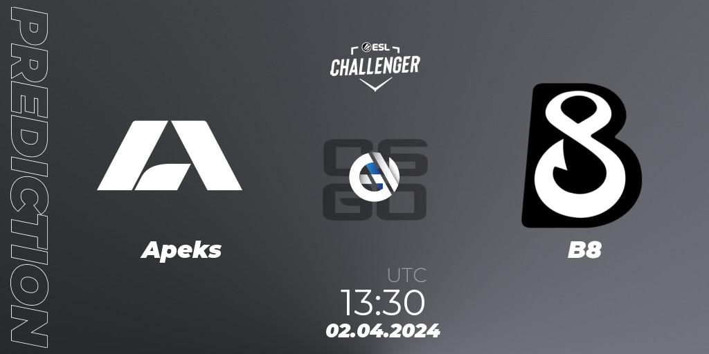 Apeks vs B8: Match Prediction. 02.04.2024 at 13:30, Counter-Strike (CS2), ESL Challenger #57: European Closed Qualifier