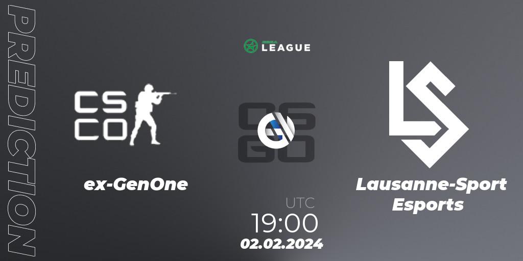 ex-GenOne vs Lausanne-Sport Esports: Match Prediction. 02.02.2024 at 19:00, Counter-Strike (CS2), ESEA Season 48: Advanced Division - Europe
