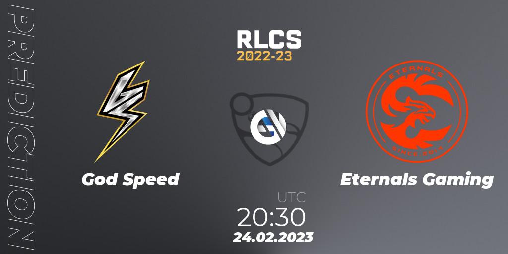 God Speed vs Eternals Gaming: Match Prediction. 24.02.2023 at 20:30, Rocket League, RLCS 2022-23 - Winter: South America Regional 3 - Winter Invitational