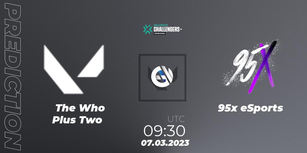 The Who Plus Two vs 95x eSports: Match Prediction. 07.03.2023 at 09:50, VALORANT, VALORANT Challengers 2023: Oceania Split 1