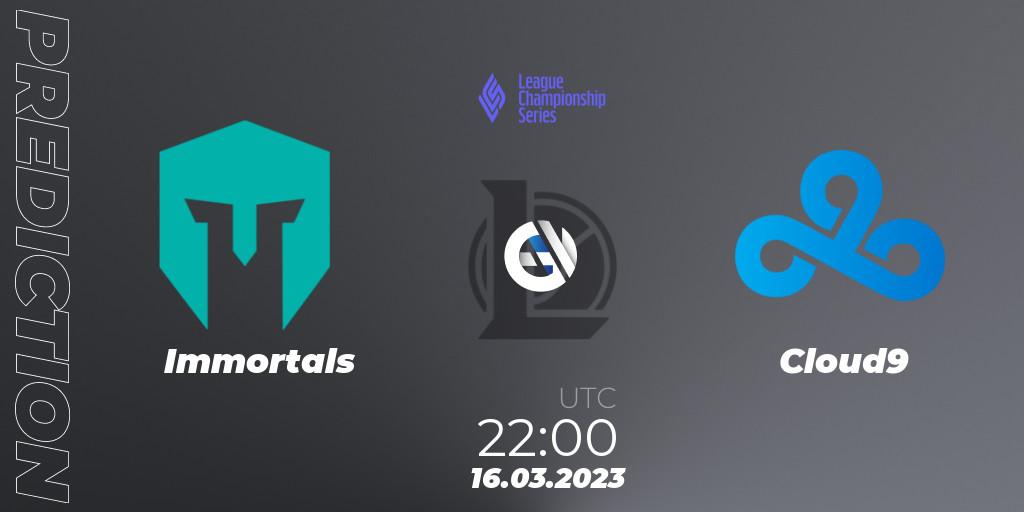 Immortals vs Cloud9: Match Prediction. 17.03.2023 at 00:00, LoL, LCS Spring 2023 - Group Stage