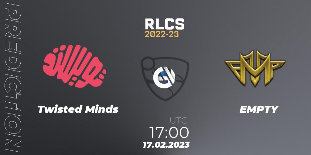 Twisted Minds vs EMPTY: Match Prediction. 17.02.2023 at 17:10, Rocket League, RLCS 2022-23 - Winter: Middle East and North Africa Regional 2 - Winter Cup