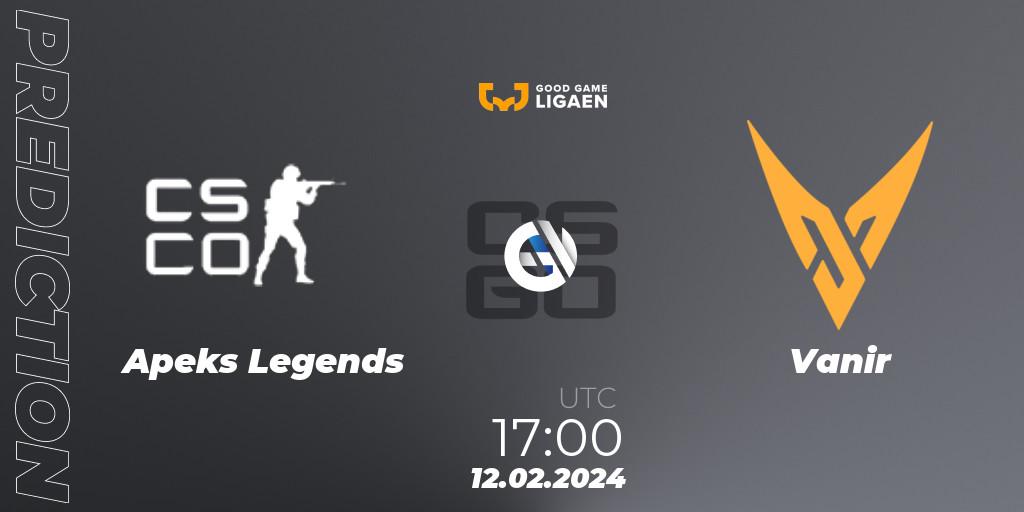 Apeks Legends vs Vanir: Match Prediction. 12.02.2024 at 17:00, Counter-Strike (CS2), Good Game-ligaen Spring 2024