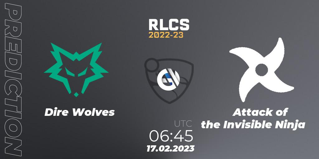 Dire Wolves vs Attack of the Invisible Ninja: Match Prediction. 17.02.2023 at 06:45, Rocket League, RLCS 2022-23 - Winter: Oceania Regional 2 - Winter Cup