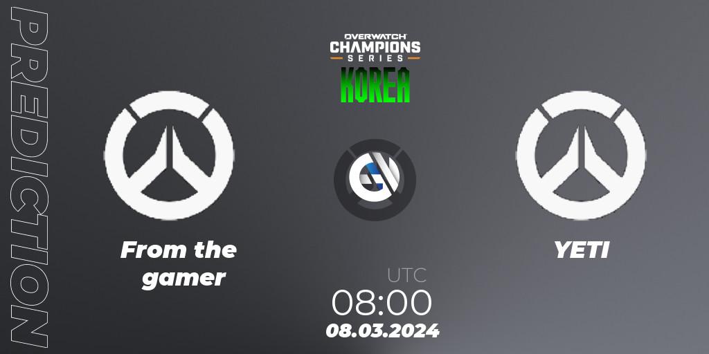 From The Gamer vs YETI: Match Prediction. 07.04.2024 at 08:00, Overwatch, Overwatch Champions Series 2024 - Stage 1 Korea